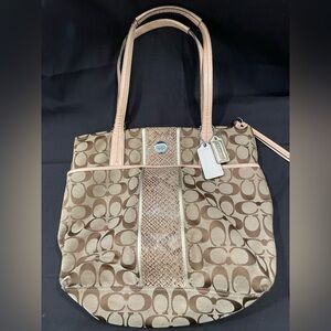 Coach Tan Signature Tote with Leather Accents